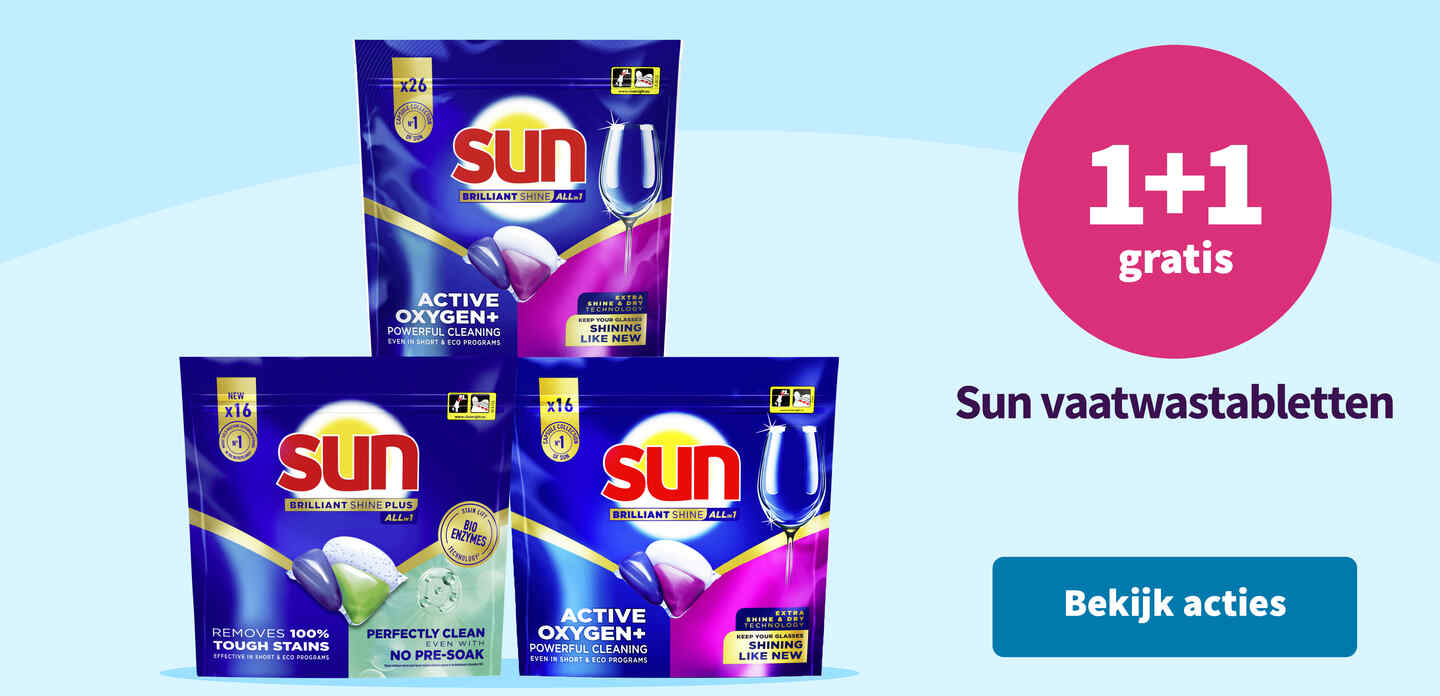 1+1 gratis op Sun vaatwastabletten