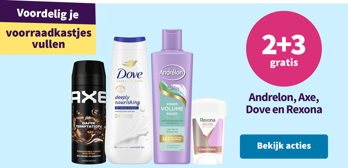 2+3 gratis op Andrelon, Axe, Dove en Rexona