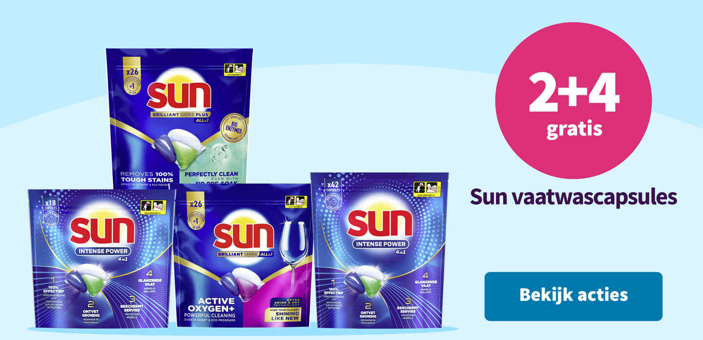 2+4 gratis op Sun vaatwascapsules