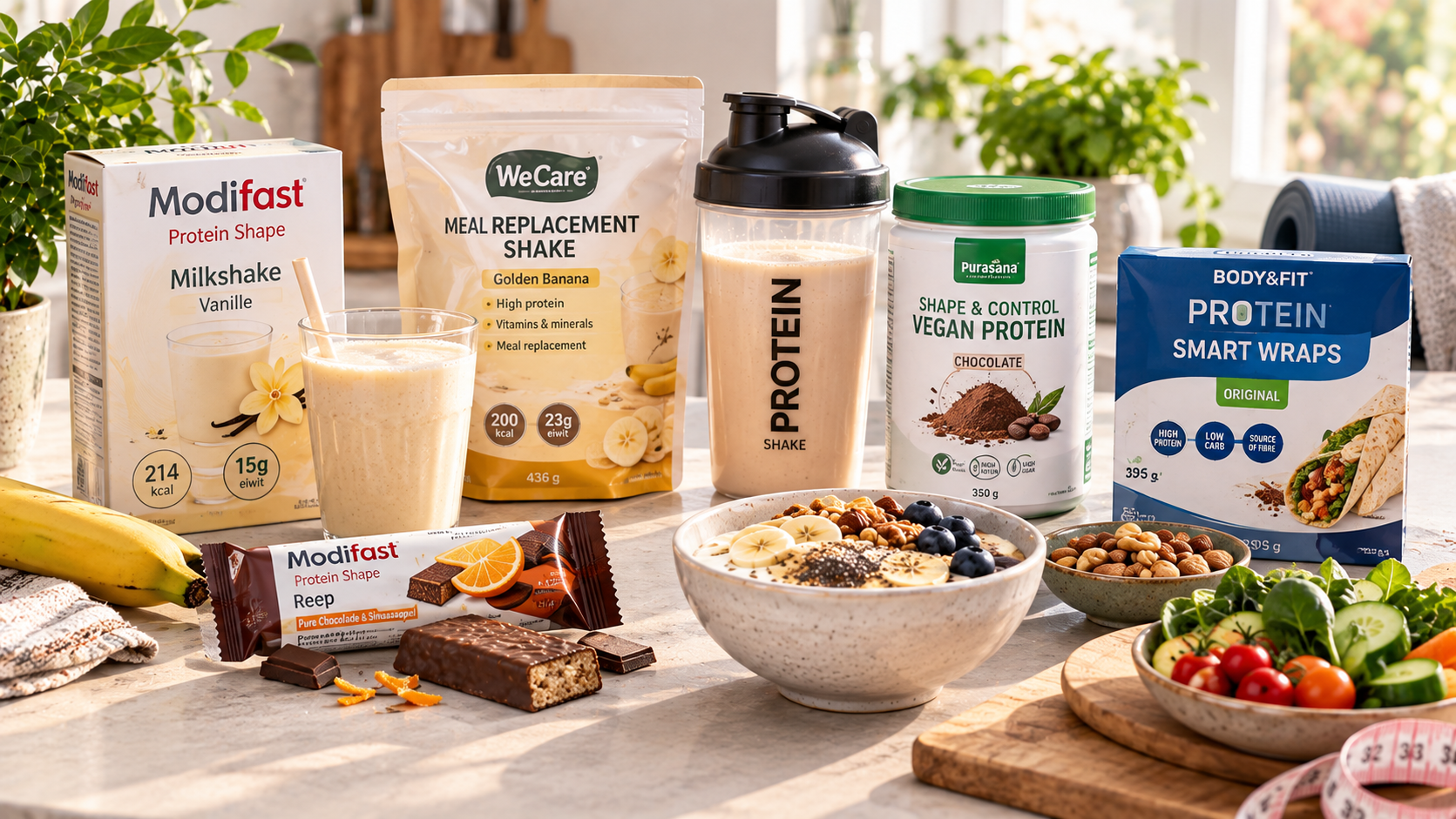 maaltijdshake, eiwitrijke producten en groente op een aanrecht