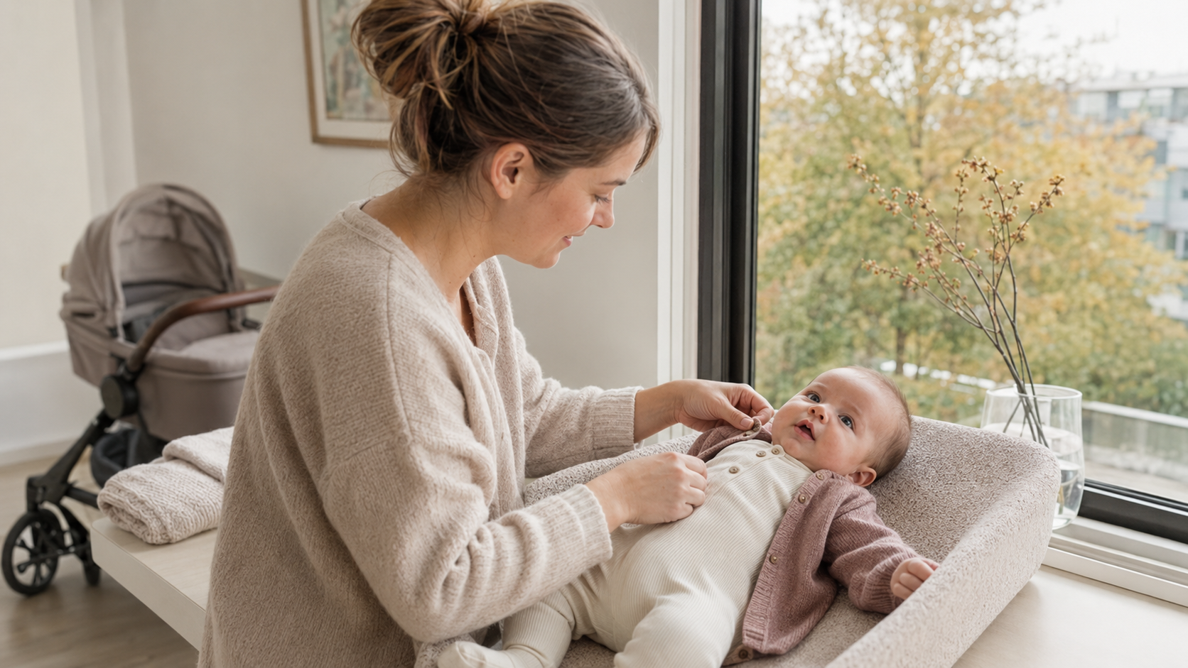 ouder kleedt baby aan voor de eerste koelere herfstdagen