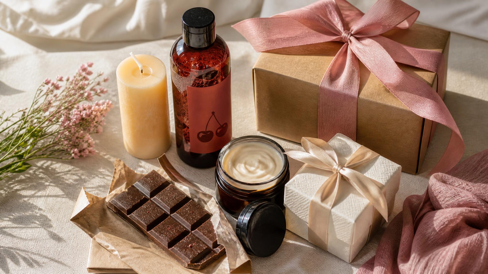 ingepakte cadeaus met badproducten, chocolade en een kaars op een lichte ondergrond