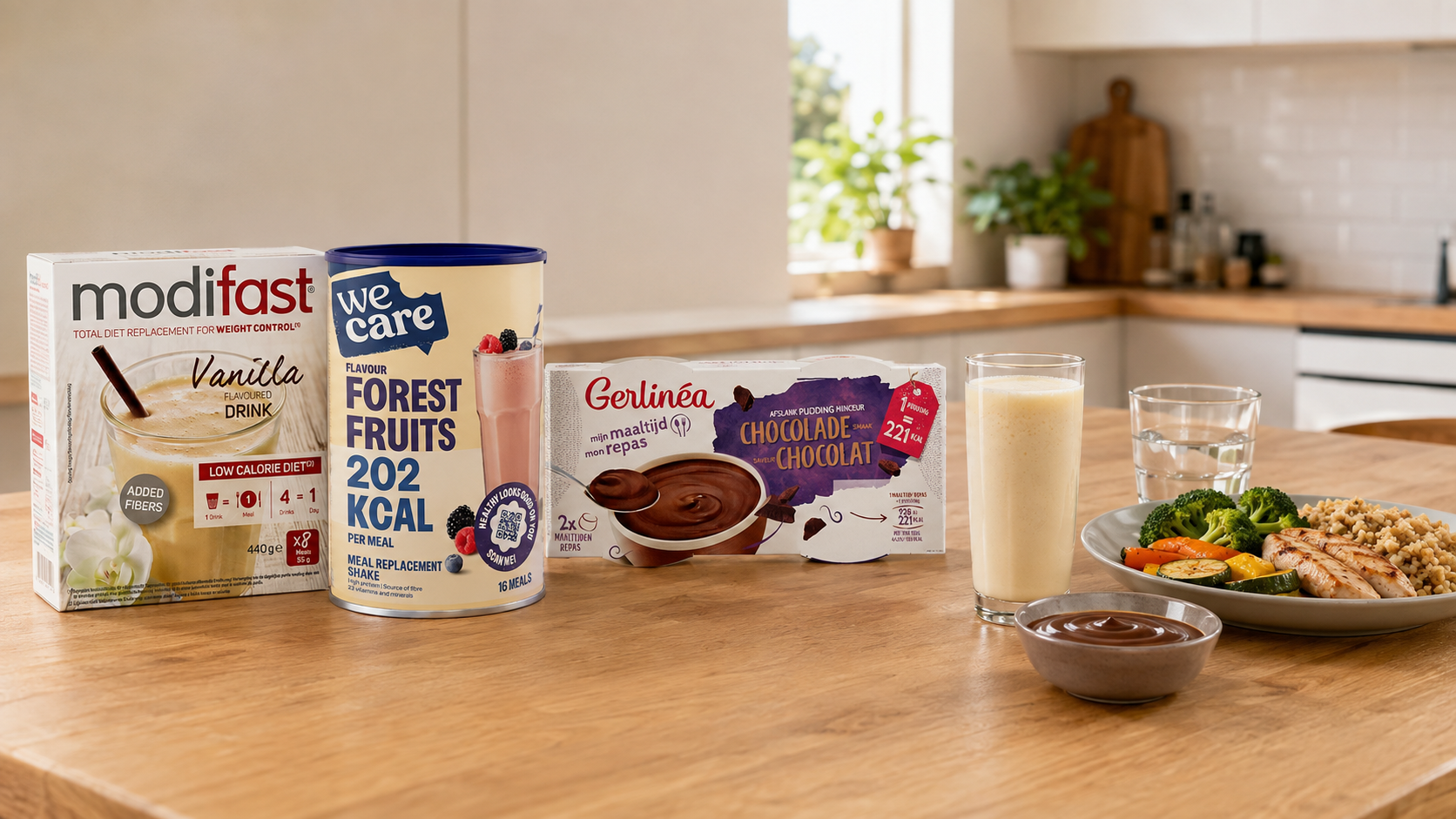caloriearme maaltijdvervangers naast een evenwichtige maaltijd
