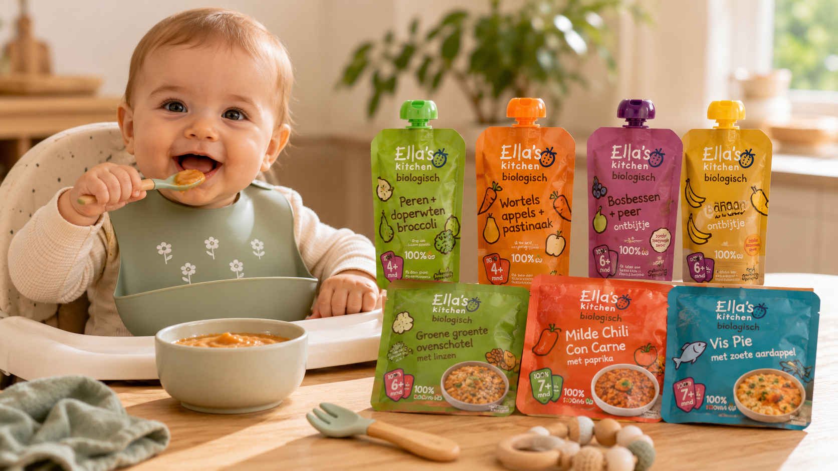 baby in kinderstoel met een schaaltje groentepuree en een zachte lepel