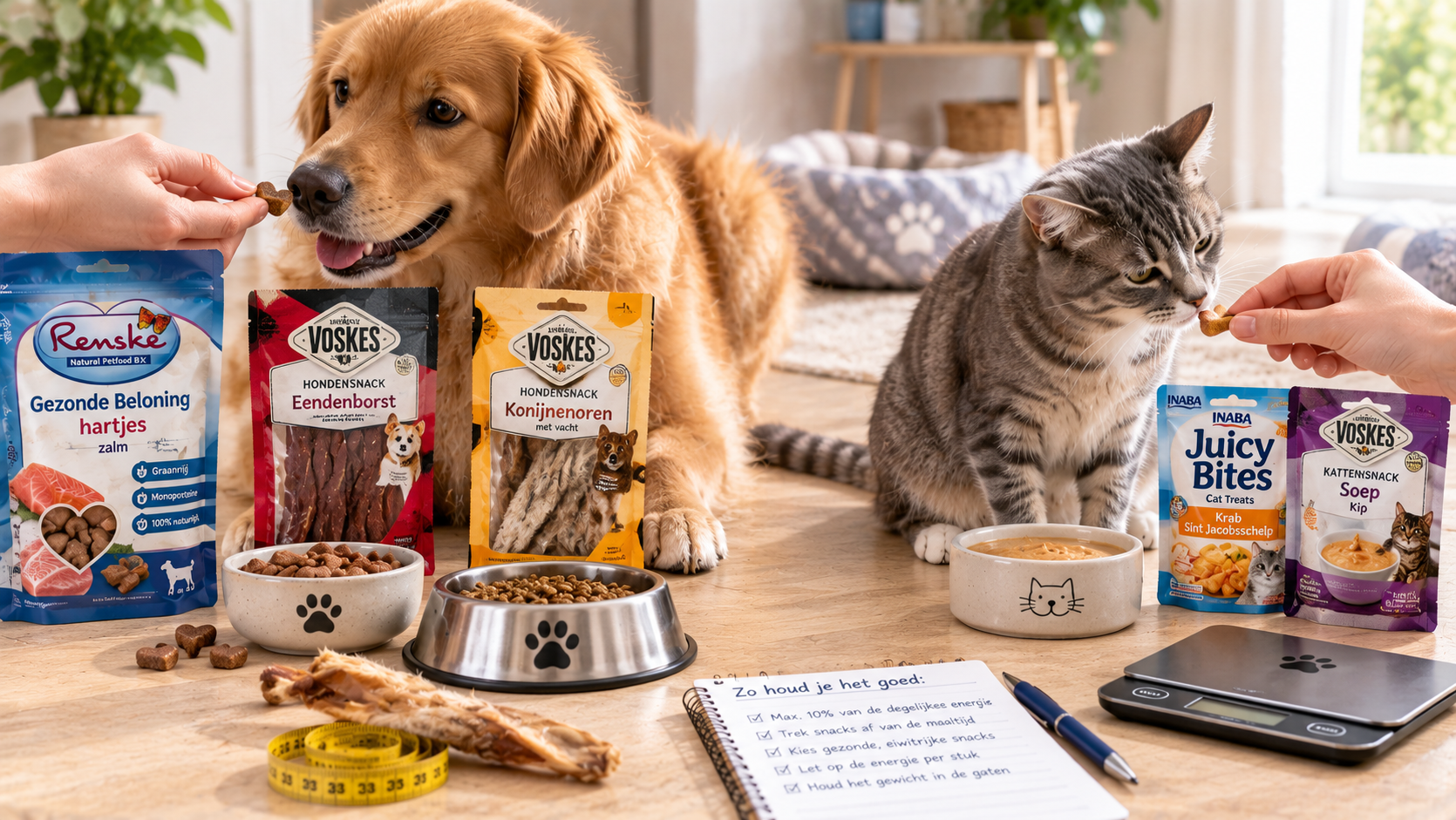 hond en kat krijgen elk een kleine beloningssnack naast hun voerbakken