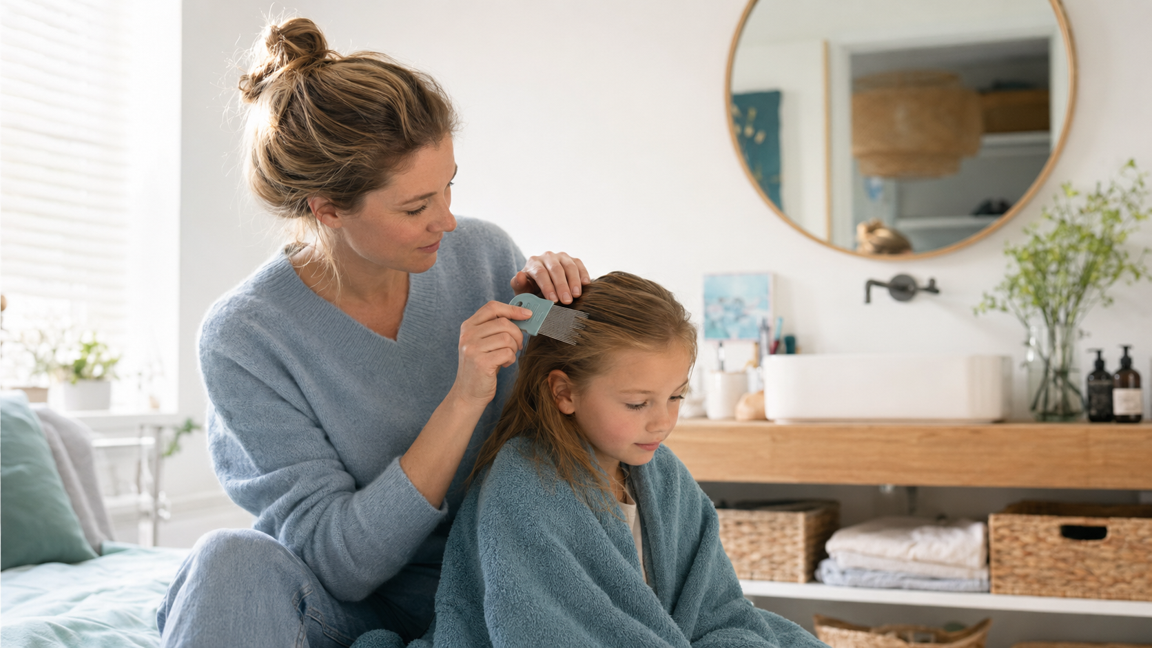 Moeder controleert het haar van haar kind met een luizenkam