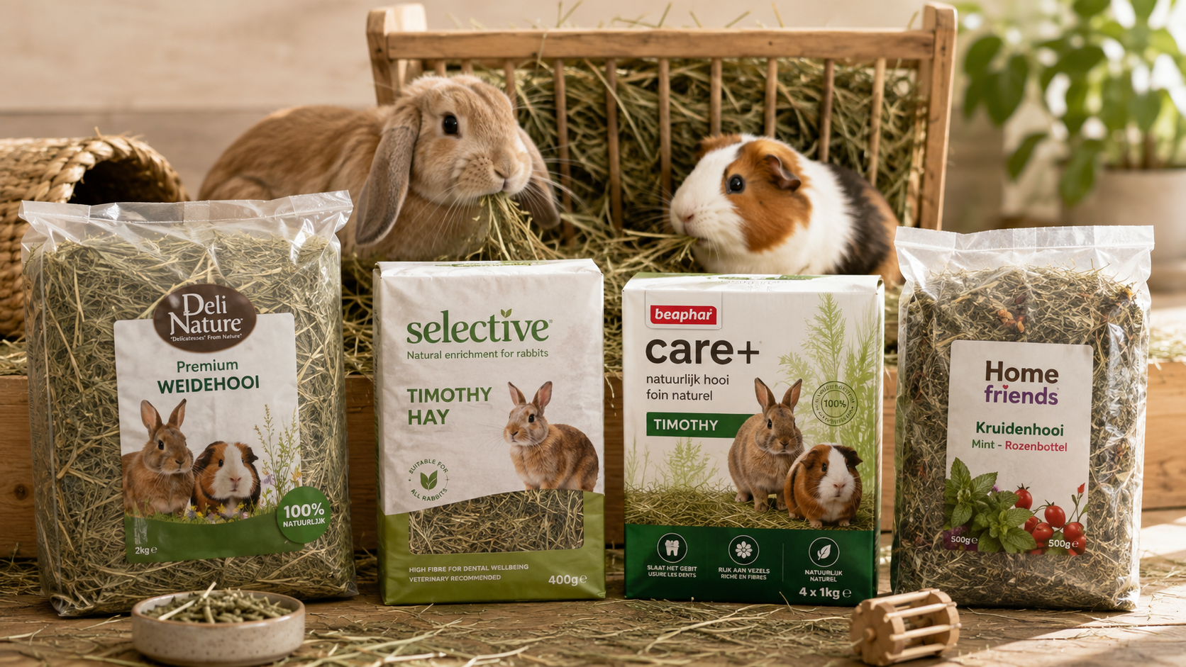 konijn en cavia eten hooi uit een hooiruif