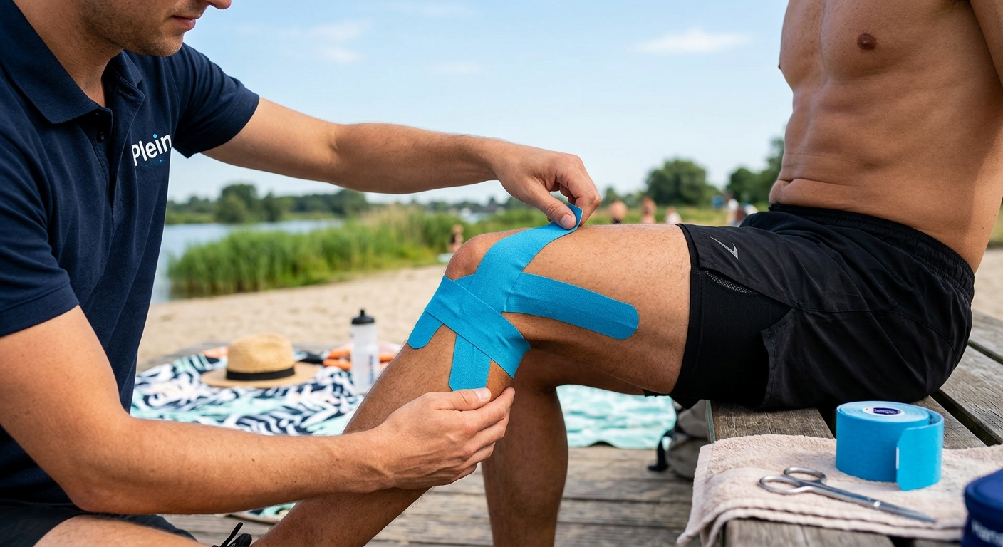 rollen kinesiotape en rigide sporttape naast een schaar op een lichte ondergrond