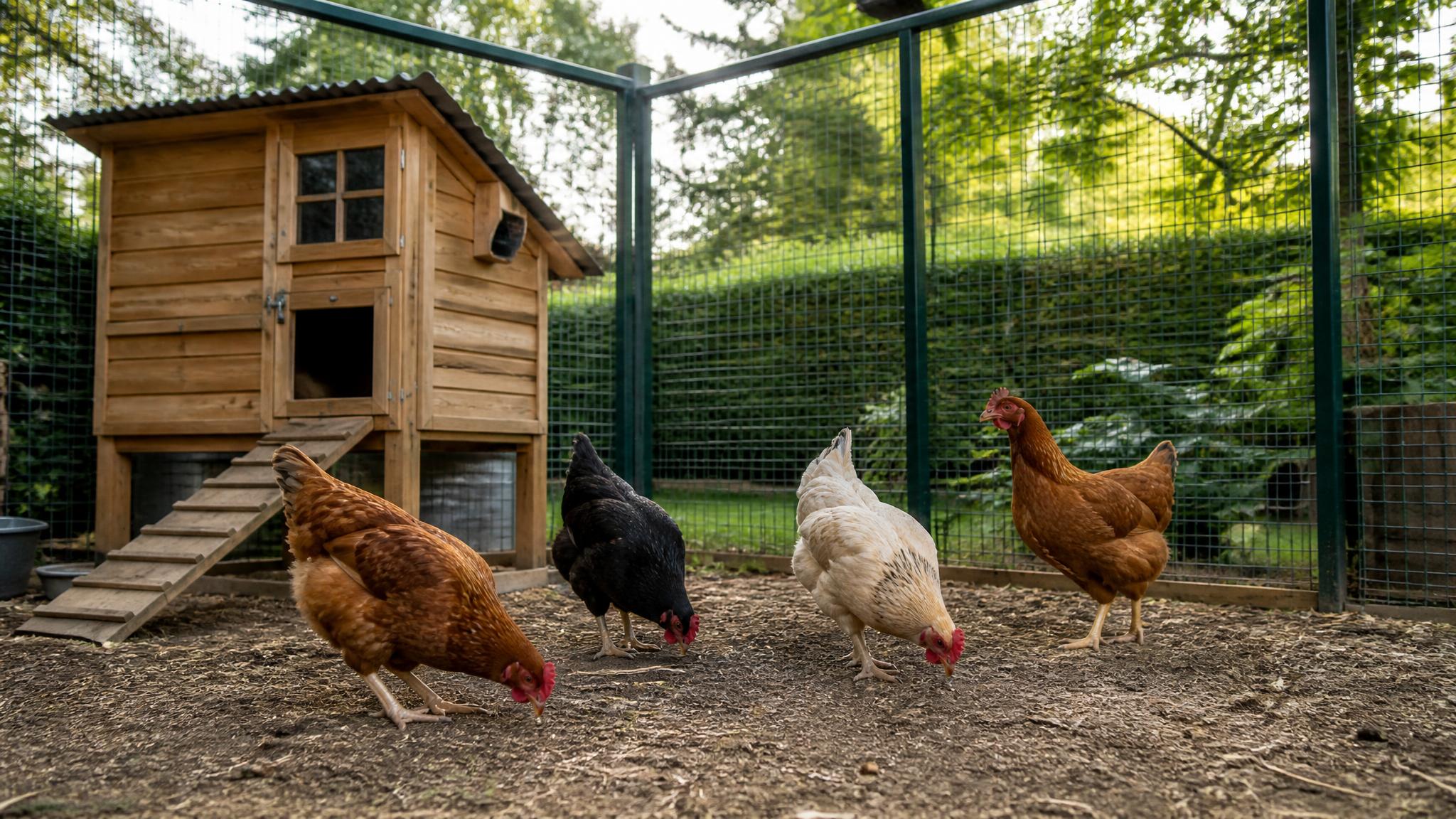 kippen scharrelen in een omheinde ren naast een houten kippenhok