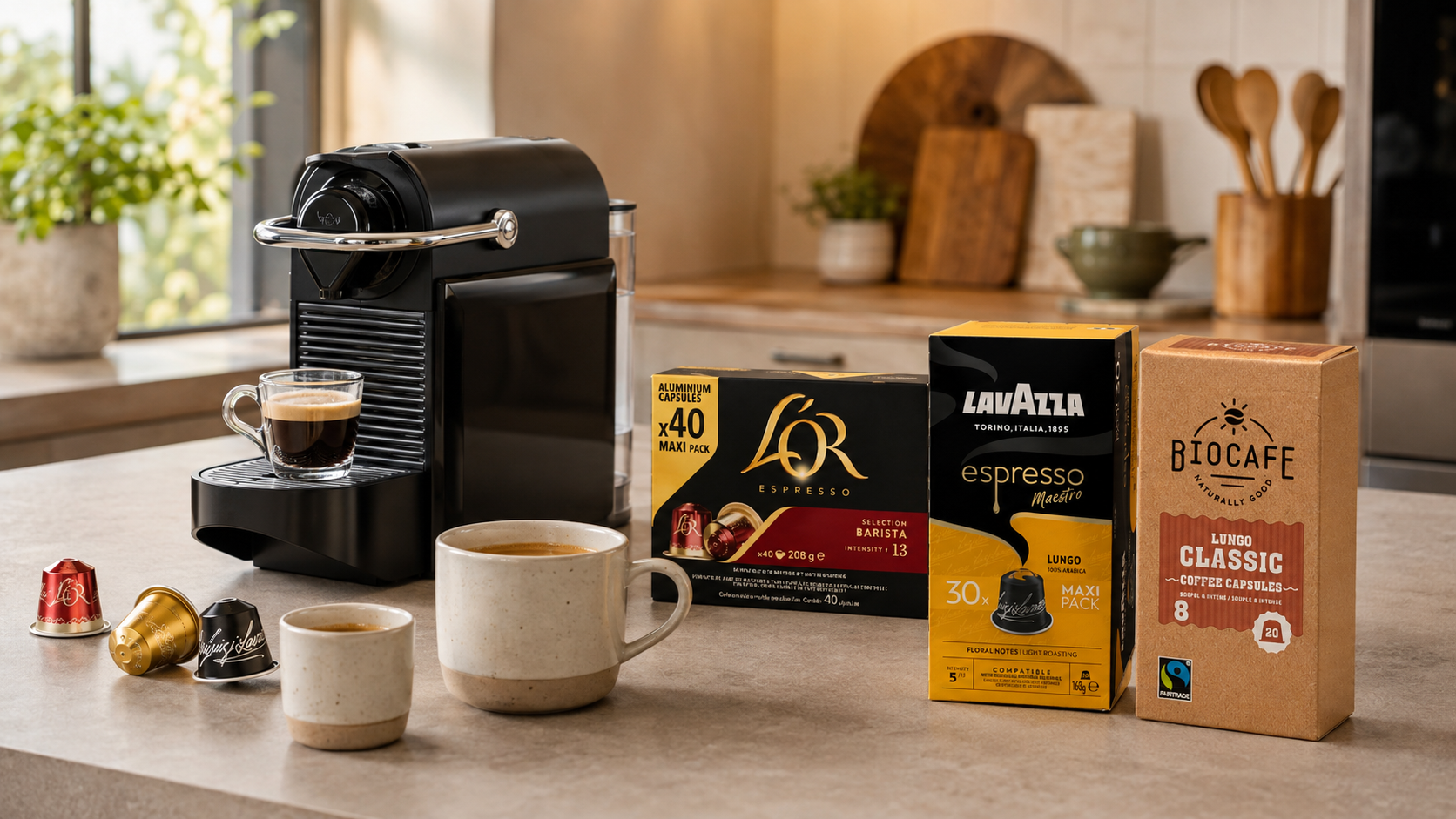 koffiecups van L'OR, Lavazza en Biocaf&eacute; naast een koffiemachine