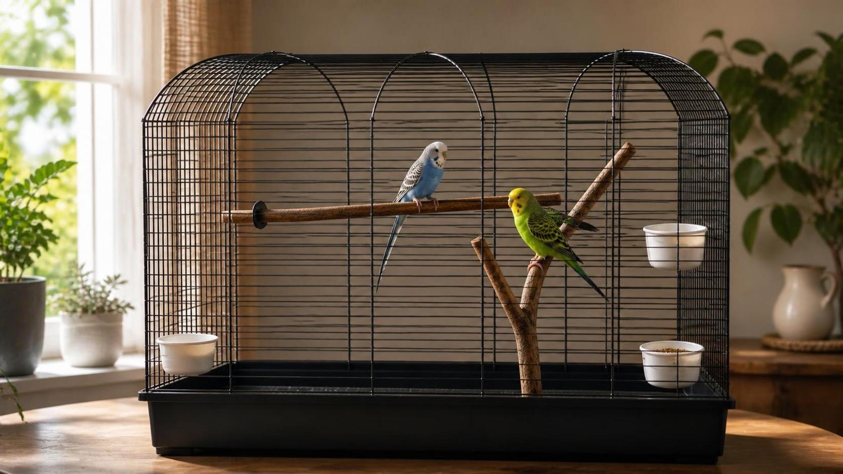 ruime vogelkooi met natuurlijke zitstokken, voerbakjes en speelgoed