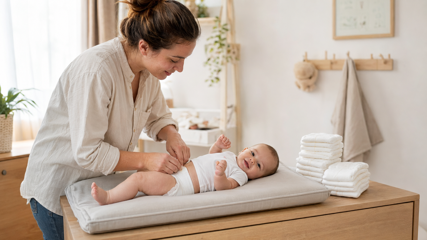 ouder controleert de pasvorm van de luier bij een baby