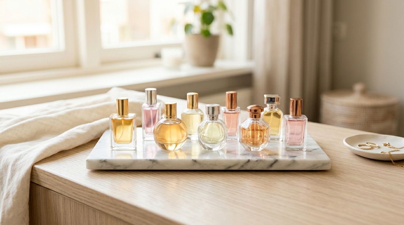 verschillende miniatuur parfumflesjes naast een geopende geschenkset