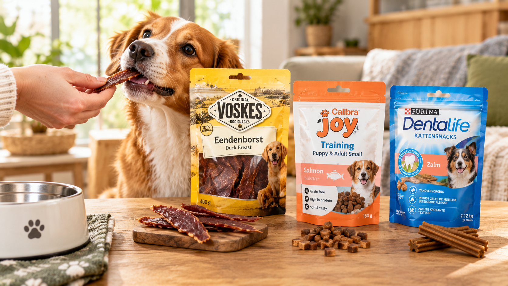 hond krijgt een stuk gedroogd vlees naast verschillende hondensnacks op tafel