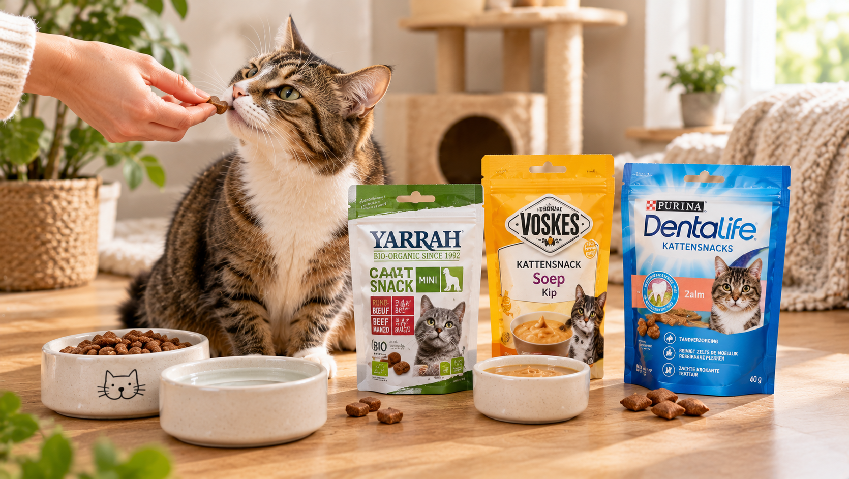 kat krijgt een kleine snack uit de hand naast een voerbak en waterbak