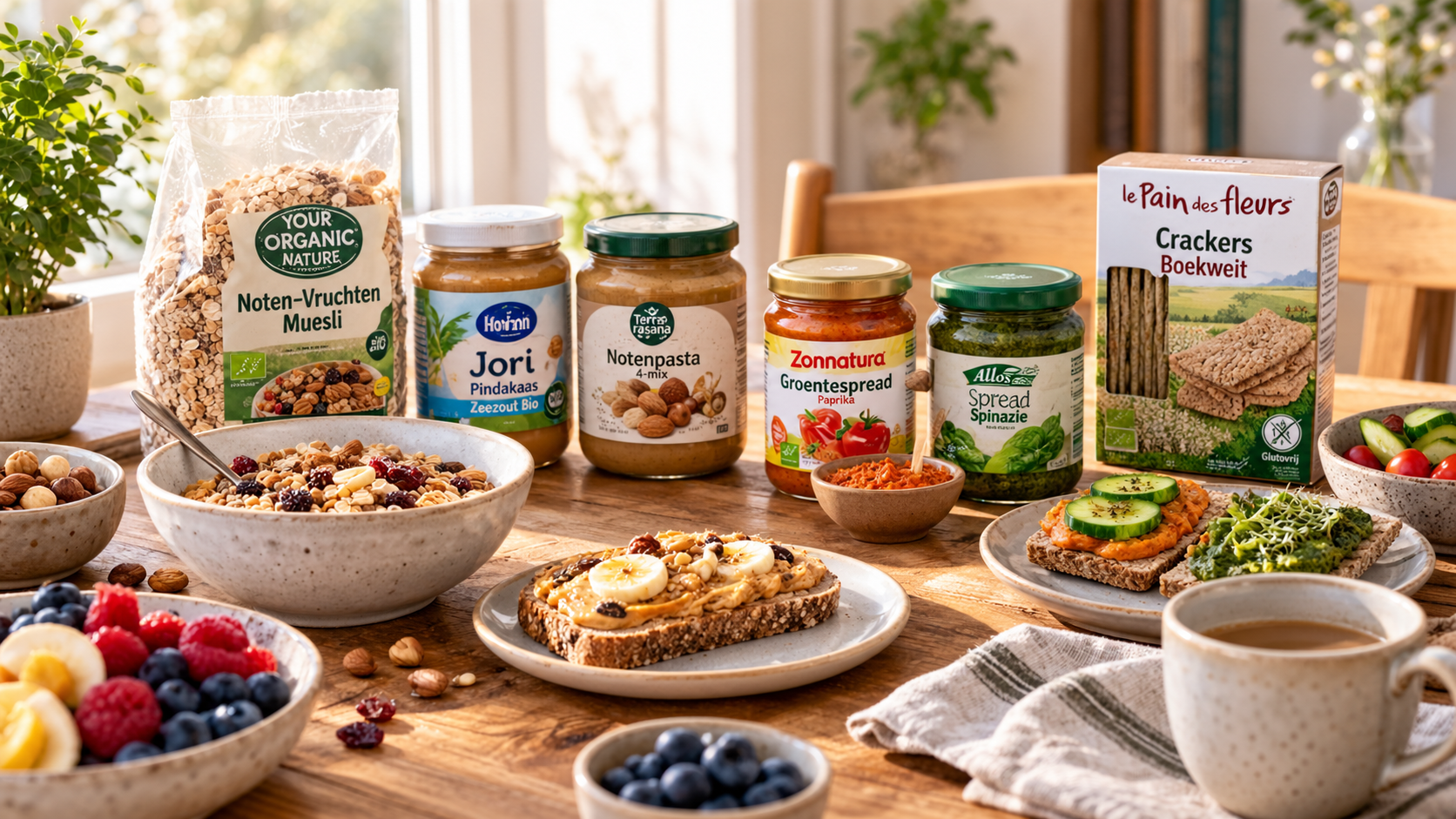 ontbijttafel met havermout, noten, crackers en hartig beleg