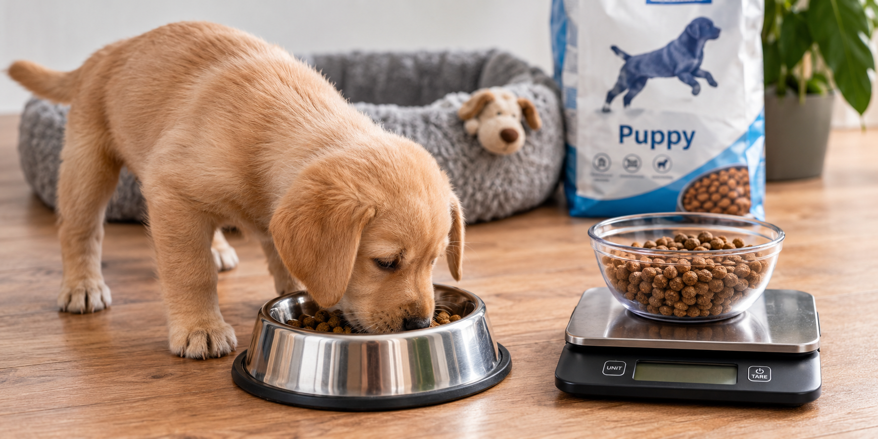 puppy eet uit een voerbak naast een weegschaal met brokken