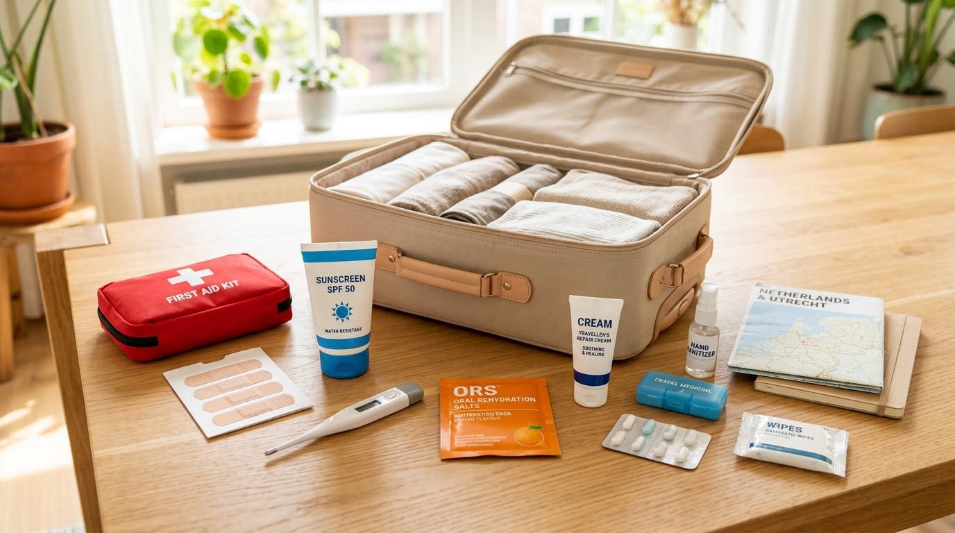 uitgestalde reisapotheek met pleisters, pijnstillers, ORS en zonnebrand naast een koffer