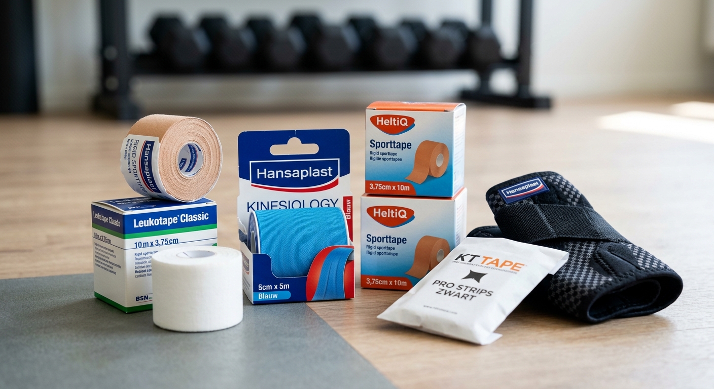rollen sporttape naast een neopreen enkelbandage en een kniebrace