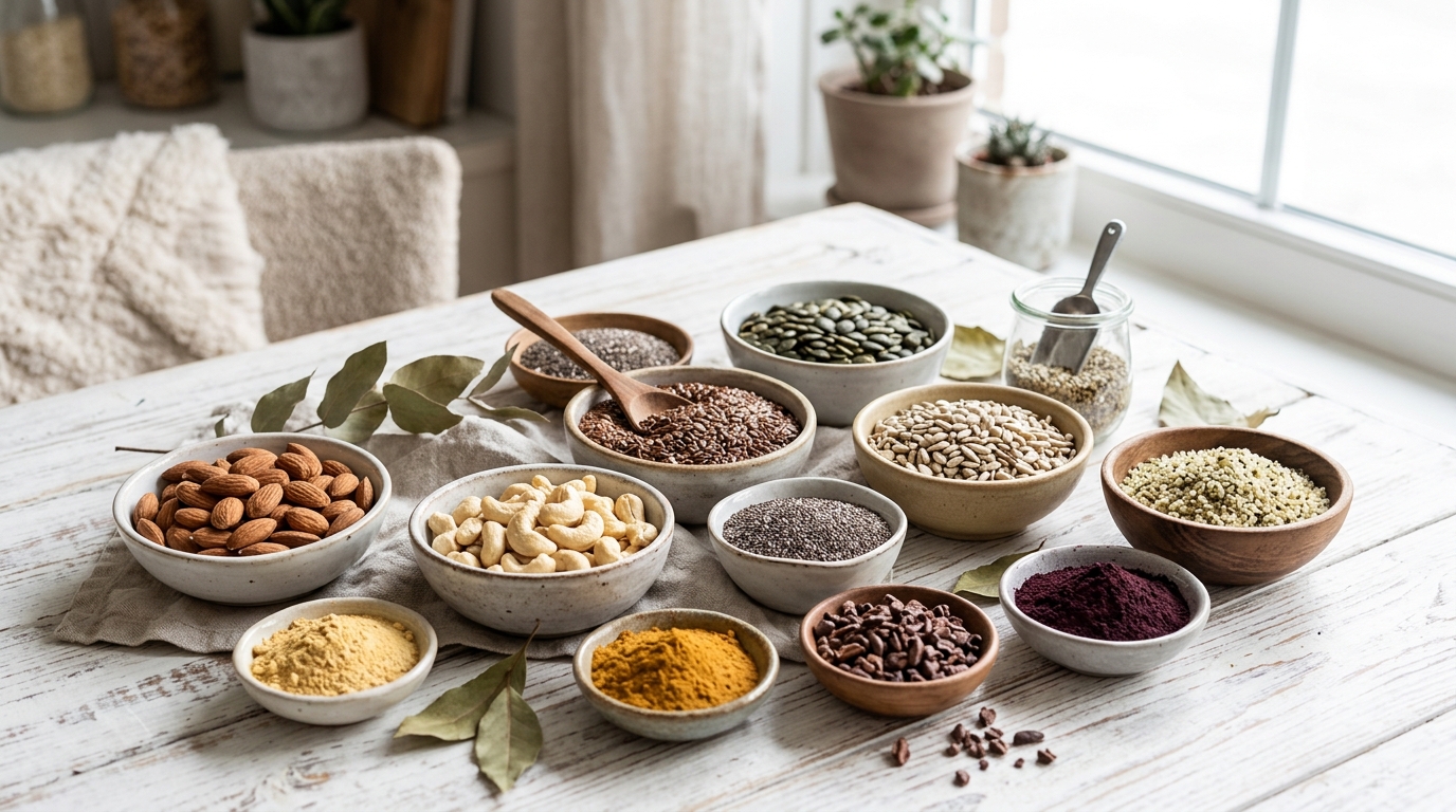 schaaltjes met noten, zaden, pitten en superfoodpoeders op een lichte ondergrond