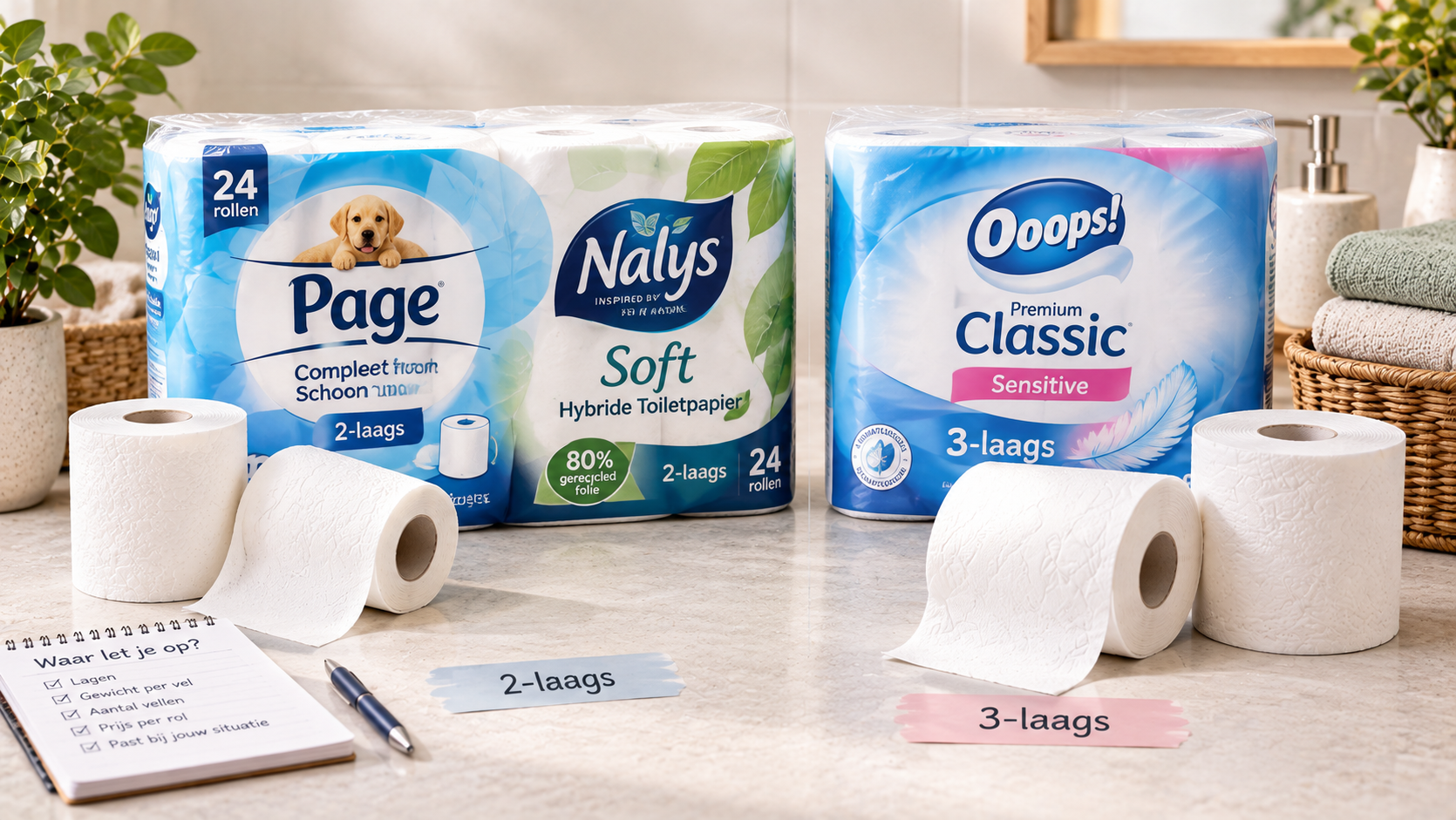 rollen toiletpapier van twee en drie lagen naast elkaar op een lichte ondergrond
