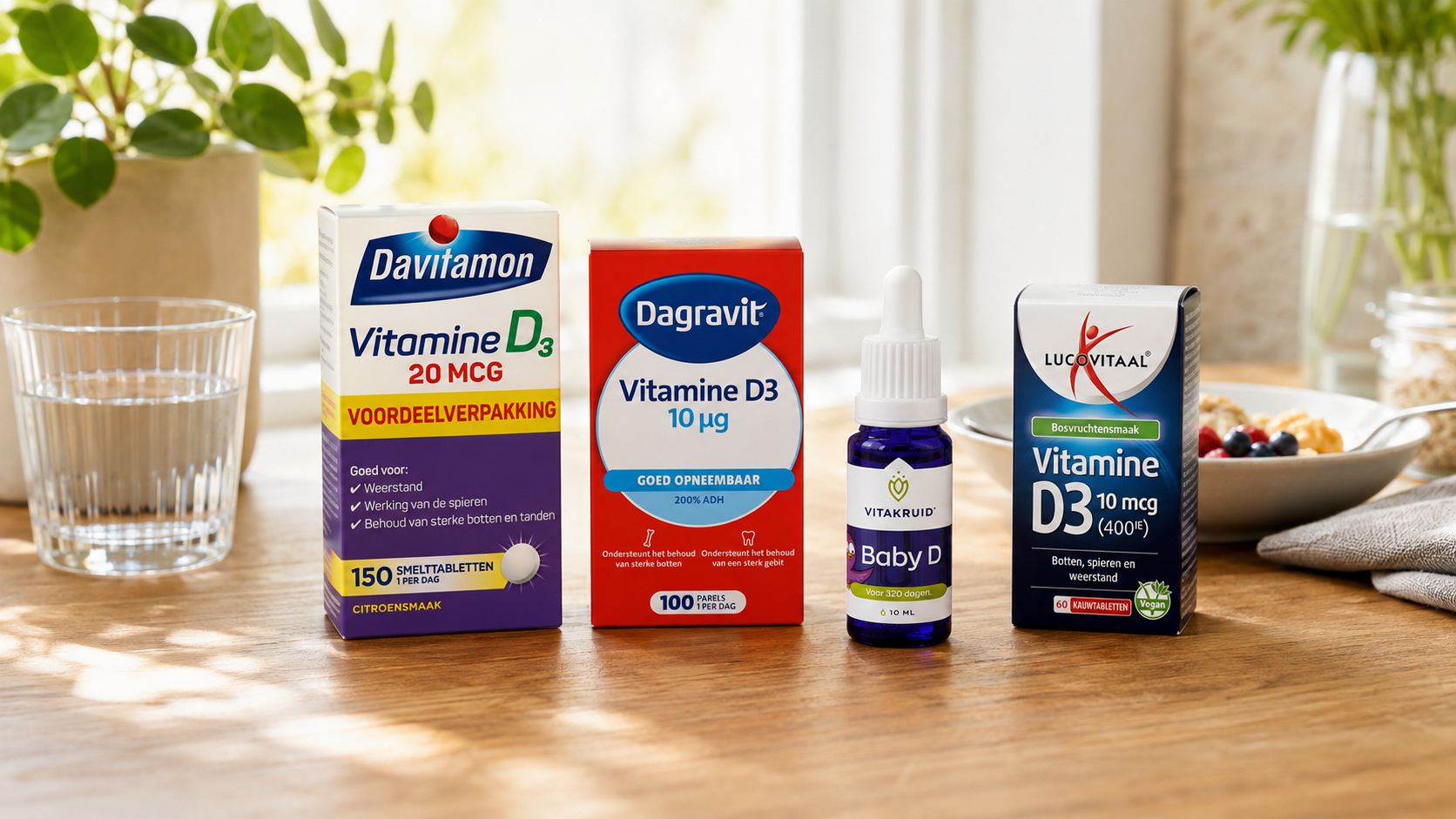 verschillende vitamine D-supplementen op een lichte ontbijttafel