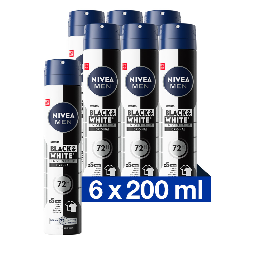6x Nivea Men Deodorant Spray Invisible for Black&White 200 ml