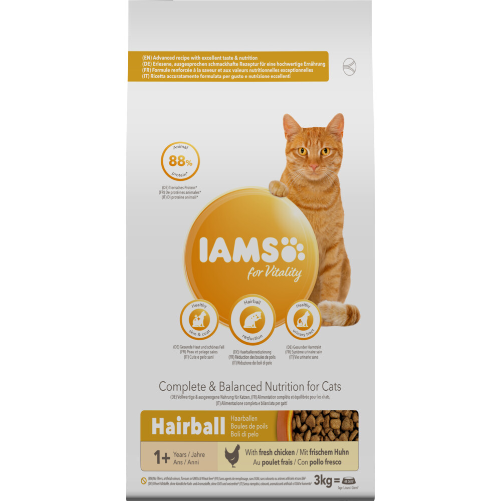 3x Iams Kat Adult Hairball Control Kip 3 kg