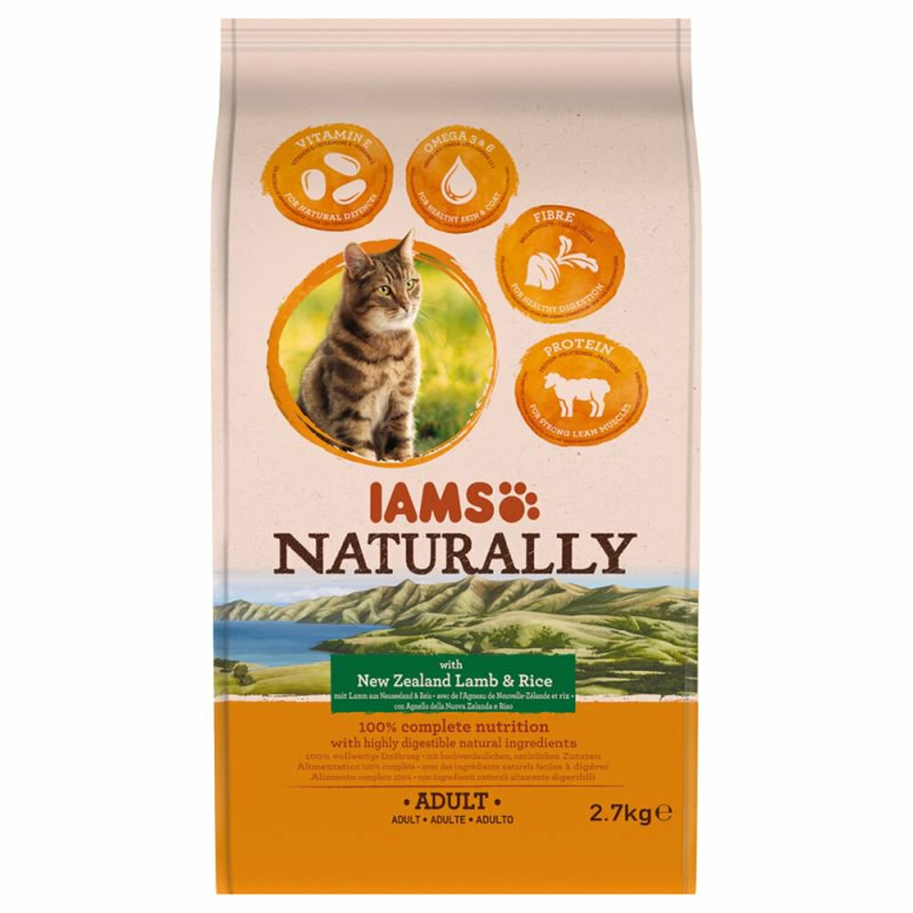 3x Iams Naturally Kat Adult New Sealand Lam&Rijst 2,7 kg