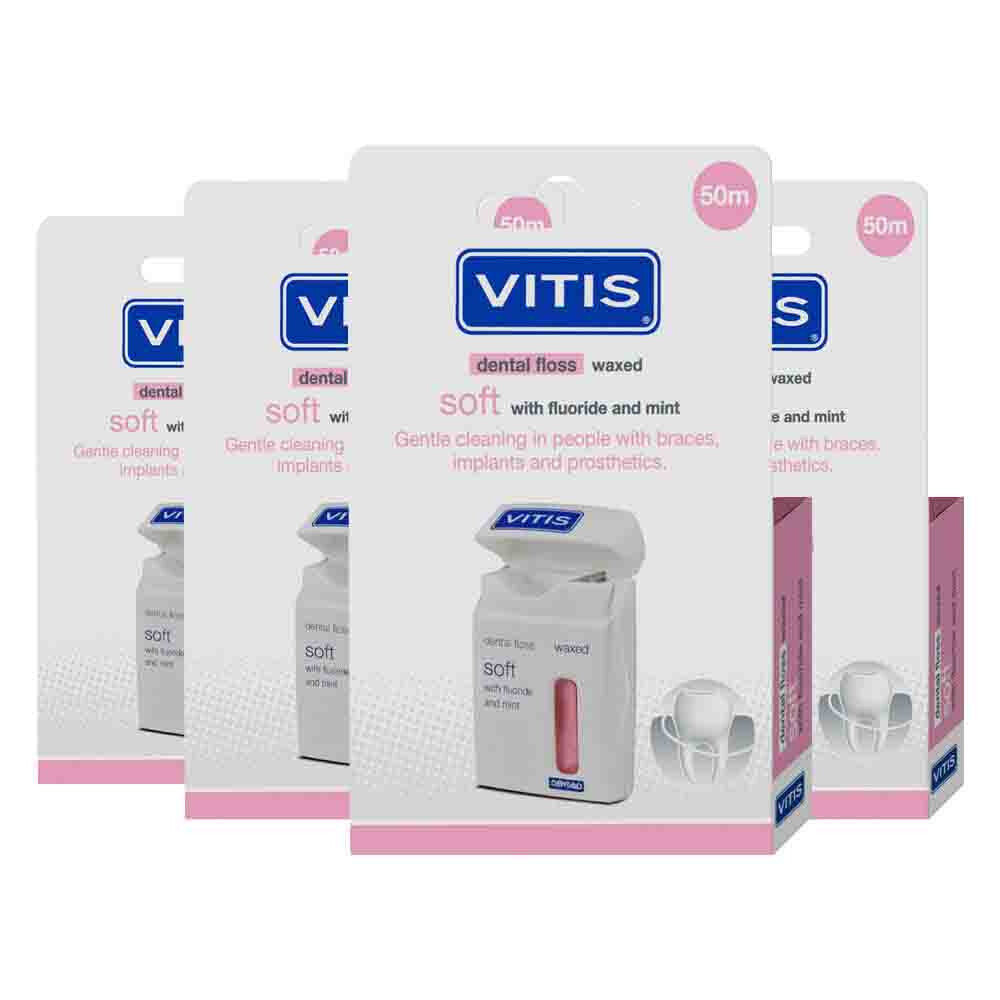 4x Vitis Waxed Dental Floss Fluoride&Mint 50 meter