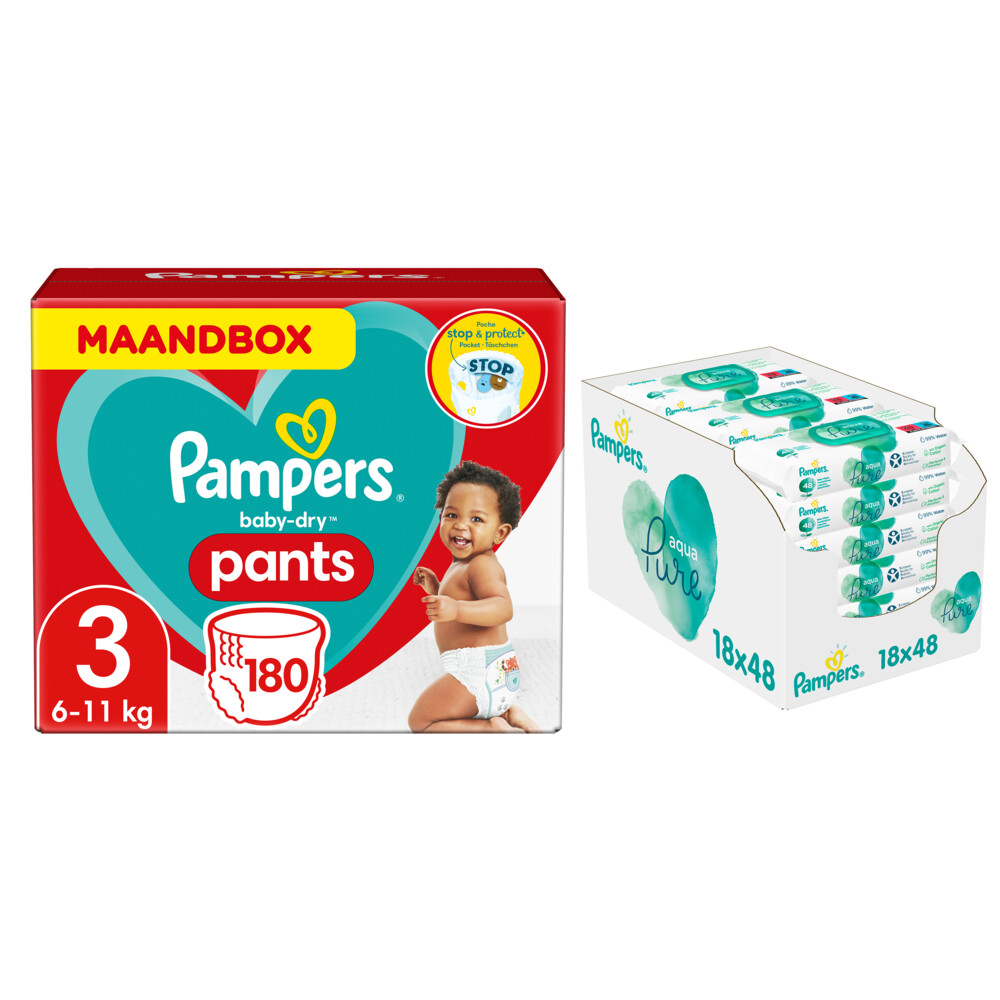 Pampers Baby-Dry Pants maandbox maat 180 luierbroekjes en Aqua Pure 864 billendoekjes Pakket