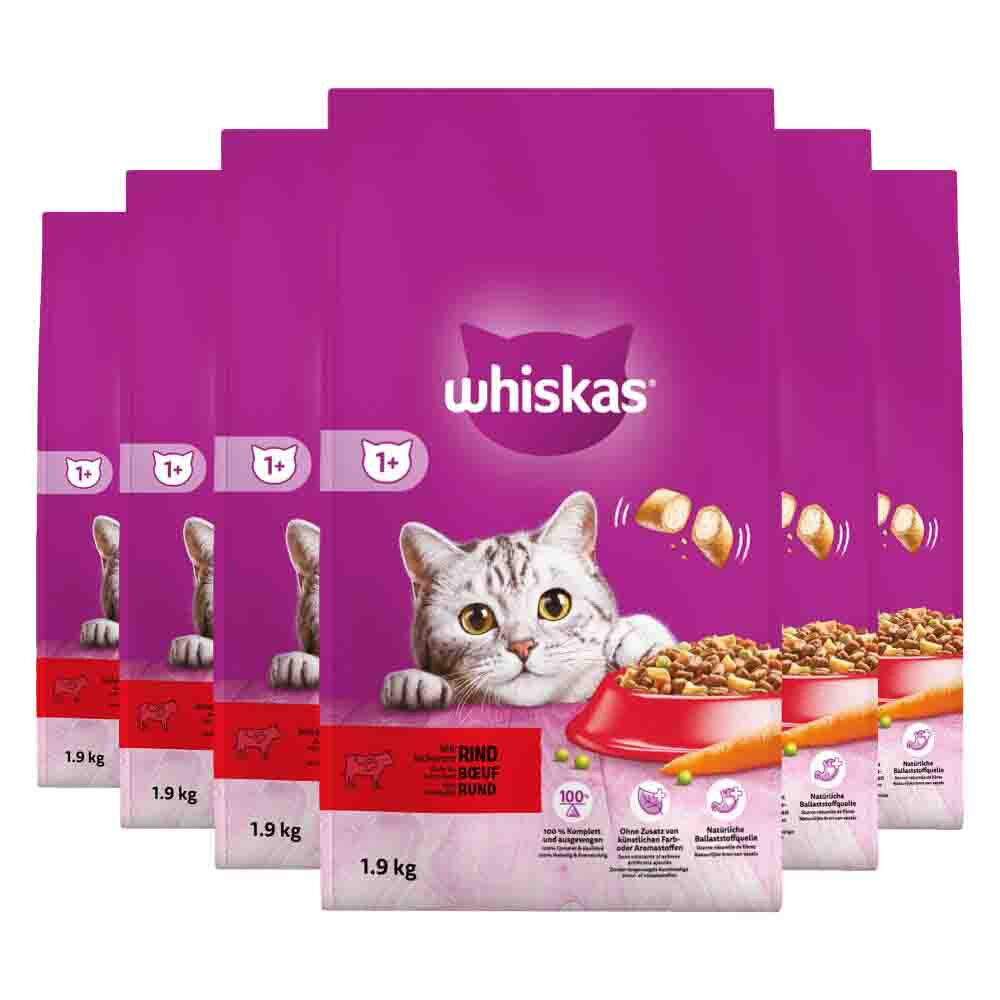 6x Whiskas 1+ Adult Katten Droogvoer Rund 1,9 kg