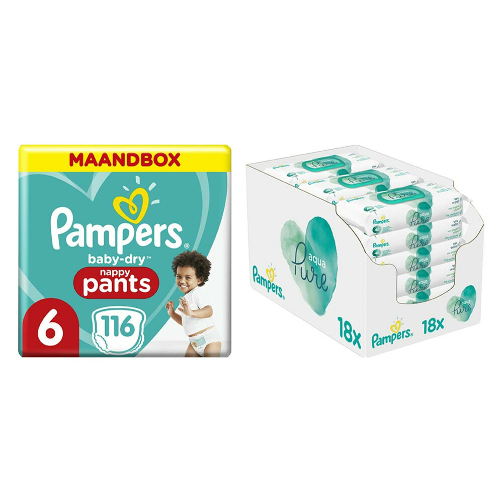 Pampers Baby-Dry Pants maandbox maat luierbroekjes Aqua Pure 864 billendoekjes Pakket | Plein.nl