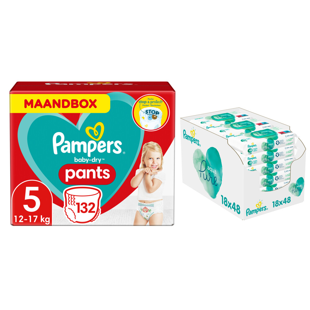Pampers Baby-Dry Pants maandbox maat 5 132 Aqua Pure 864 Pakket | Plein.nl