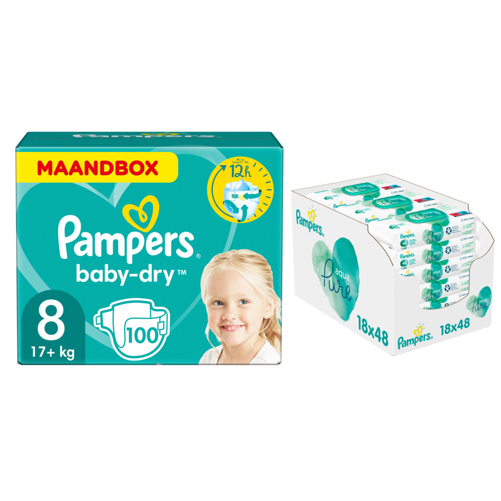 Baby-Dry maandbox maat 8 100 luiers en Aqua billendoekjes Pakket | Plein.nl