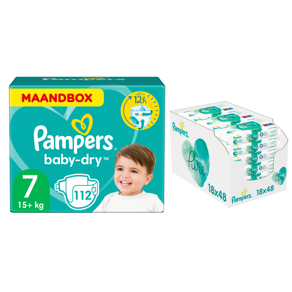 metaal Aas Wapenstilstand Pampers Baby-Dry maandbox maat 7 112 luiers en Aqua Pure 864 billendoekjes  Pakket | Plein.nl
