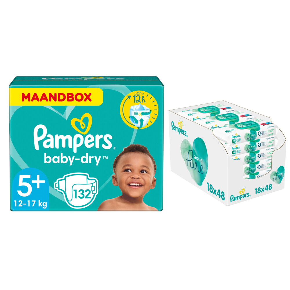 Pampers Baby-Dry maandbox maat luiers en Aqua Pure 864 billendoekjes Pakket | Plein.nl