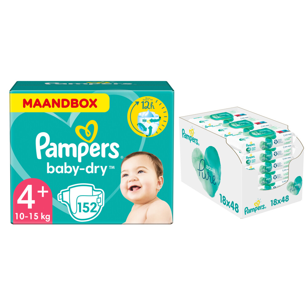 Vlucht Rubber meesteres Pampers Baby-Dry maandbox maat 4+ 152 luiers en Aqua Pure 864 billendoekjes  Pakket | Plein.nl