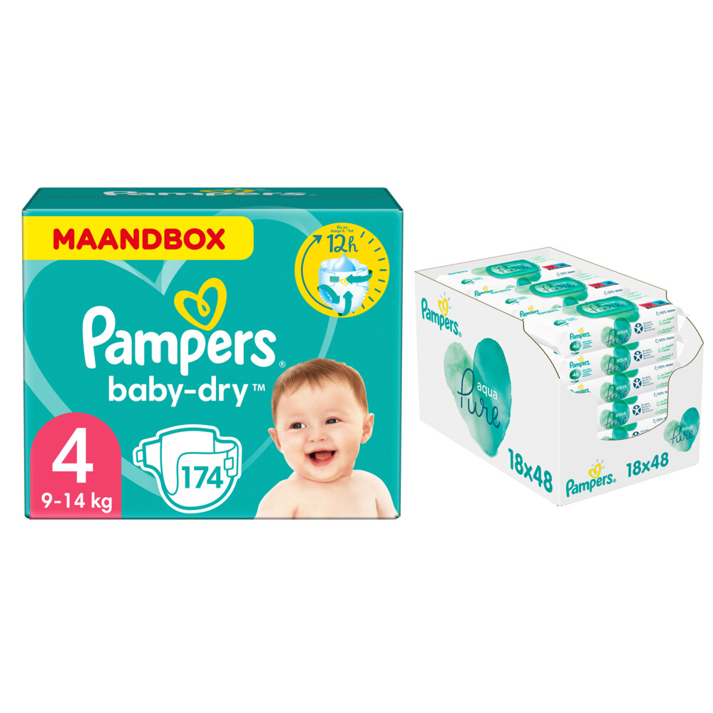 Pampers Baby-Dry 4 174 luiers Aqua 864 billendoekjes Pakket | Plein.nl