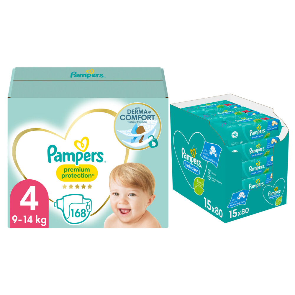 Zonnebrand Sinds ui Pampers Premium Protection maandbox maat 4 168 luiers en Fresh Clean 1200  billendoekjes Pakket | Plein.nl