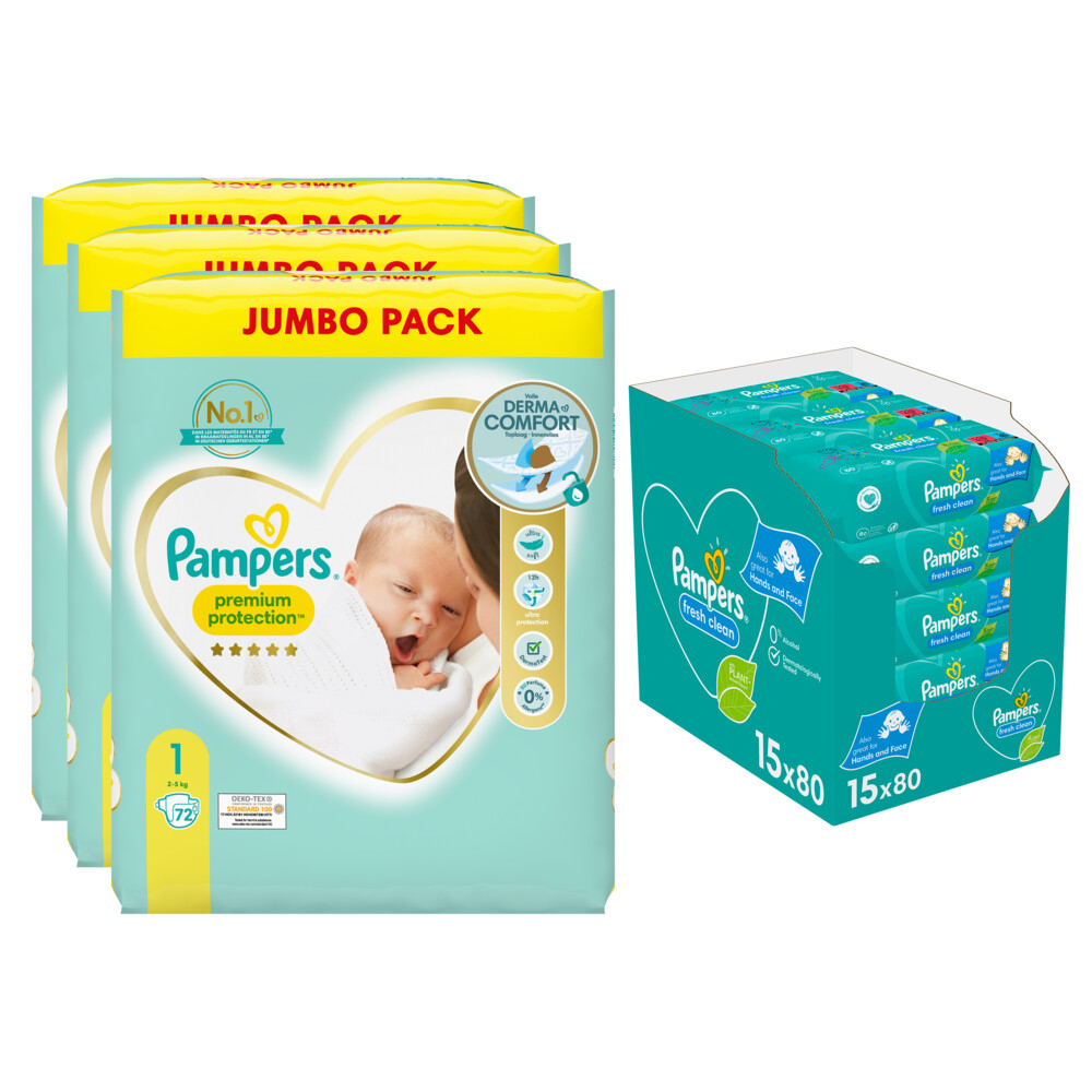 Pampers Protection maandbox 1 216 luiers en Fresh Clean 1200 billendoekjes Pakket | Plein.nl