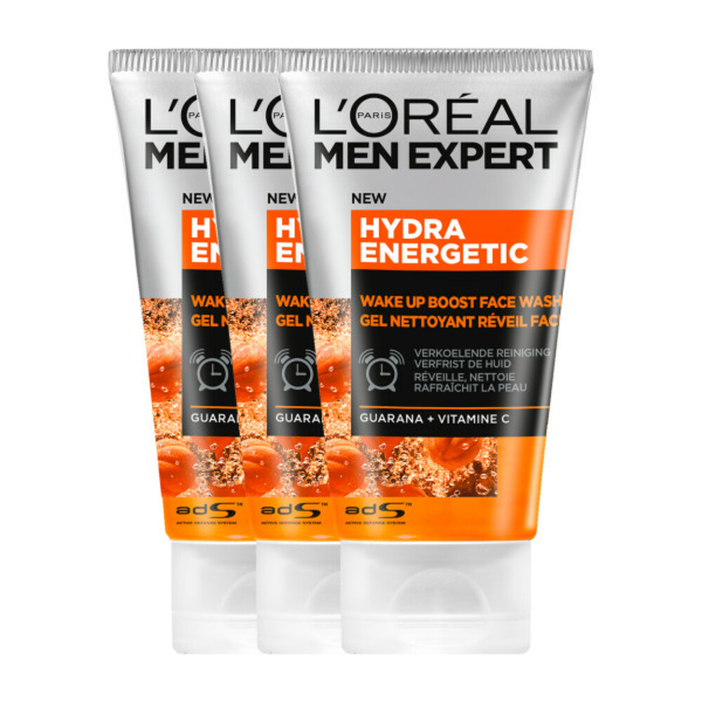 3x L'Oréal Men Expert Hydra Energetic Face Wash Cleansing Gel 100 ml