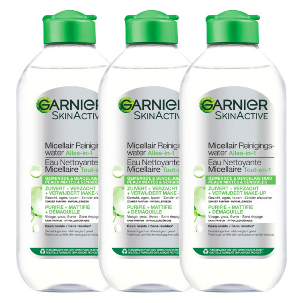 3x Garnier Micellair Reinigingswater voor Gemengde Huid 400 ml