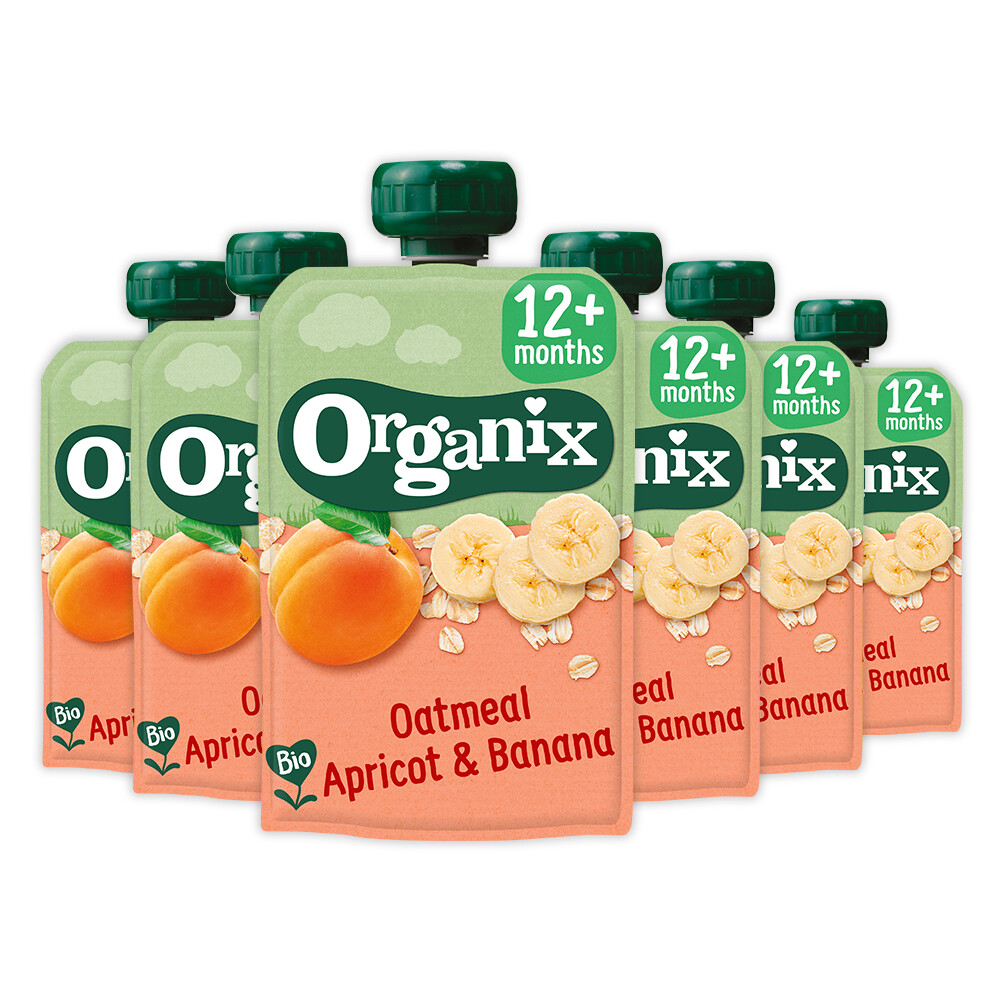 6x Organix Knijpfruit 12+m Havermout Abrikoos&Banaan 100 gr