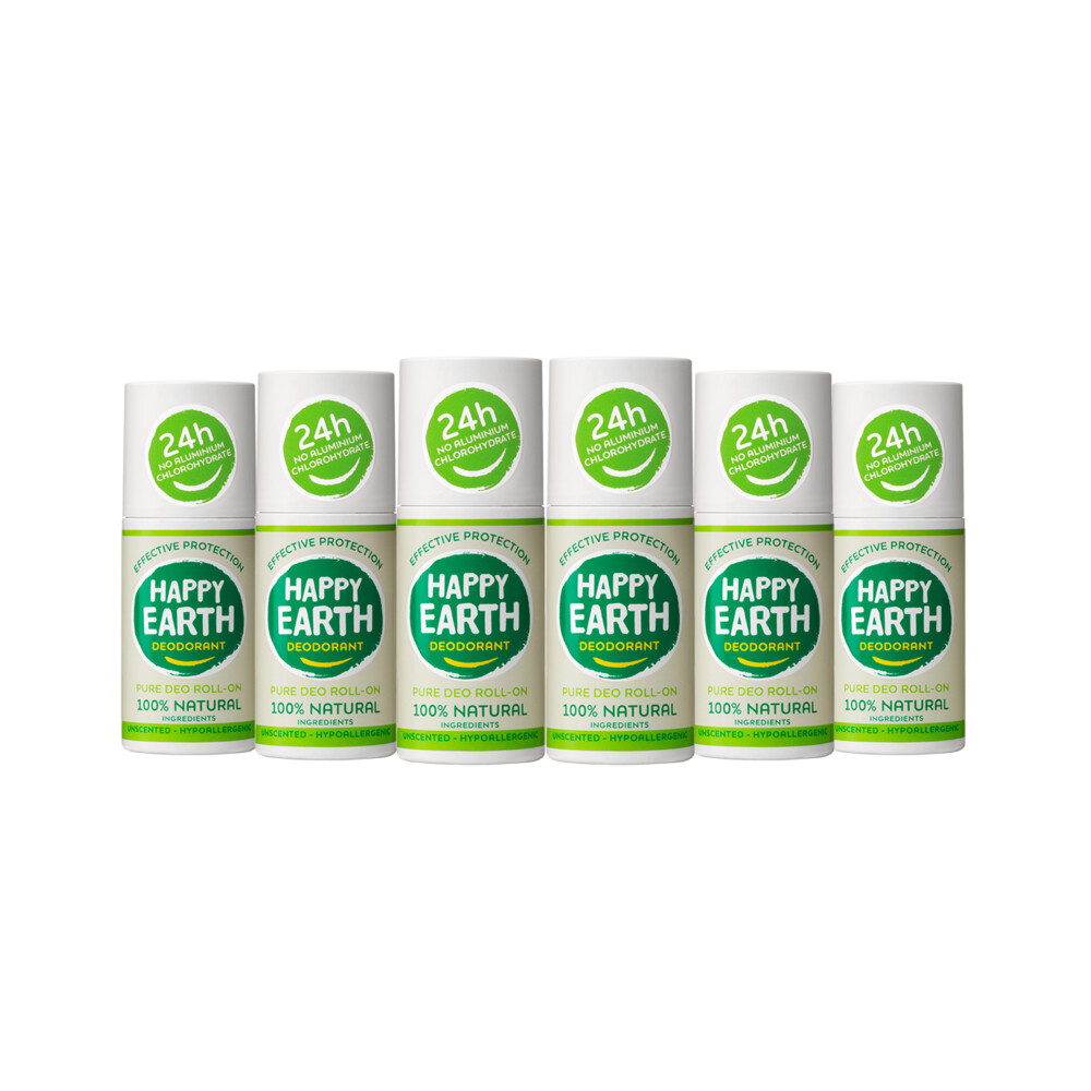 6x Happy Earth 100% Natuurlijke Deodorant Roller Unscented 75 ml