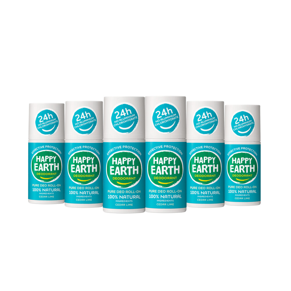 6x Happy Earth 100% Natuurlijke Deodorant Roller Cedar Lime 75 ml