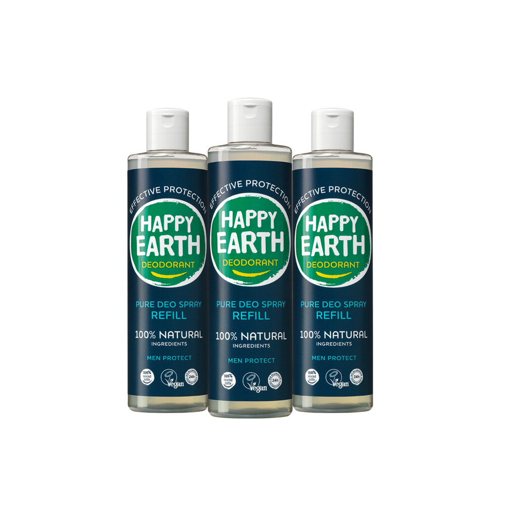 6x Happy Earth 100% Natuurlijke Deo Spray Navulling Men Protect 300 ml