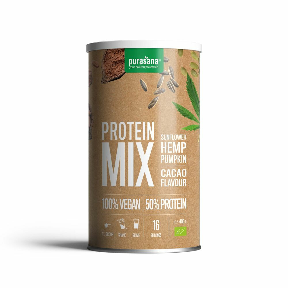 3x Purasana Vegan Protein Mix Pompoen - Zonnebloem - Hennep Cacao Bio 400 gr