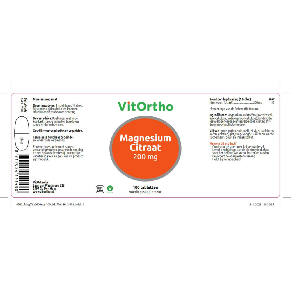 VitOrtho Magnesium Citraat 200 mg 100 tabletten, foto 2