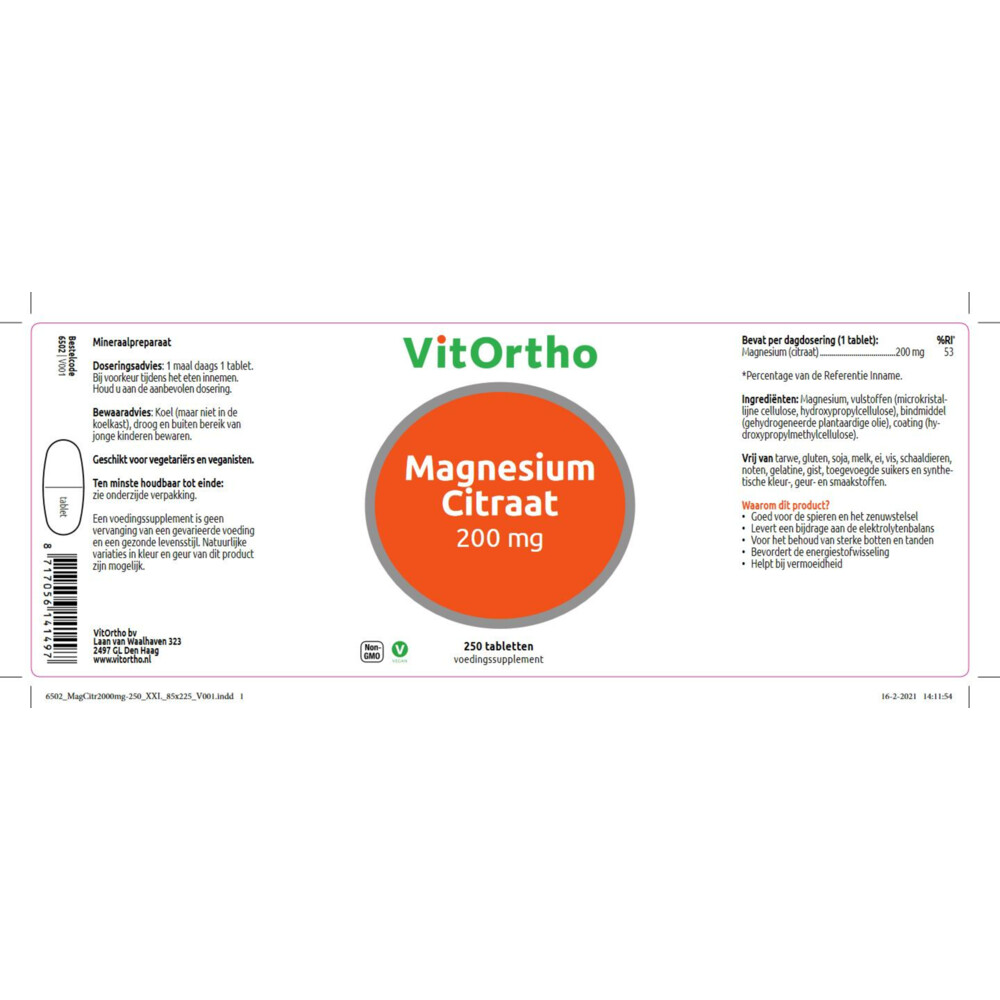 VitOrtho Magnesium Citraat 200 mg 250 tabletten, foto 2
